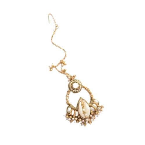 Image of Traditional Cowrie Shell & Pearl Maang Tikka for Haldi Ceremony | Gold-Tone Kundan Beaded Indian Ethnic Maatha Patti with Shell & Pearl Drops | Mehndi Sangeet Wedding Head Jewellery for Women & Girls