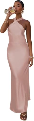 Satin Bridesmaid Dress for Women Bodycon Halter Backless Floor Length Formal Party Dresses KA002