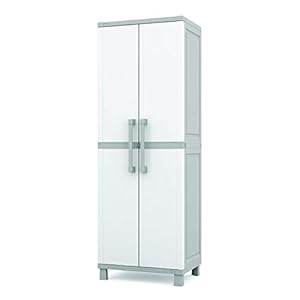 Keter Storage Cabinet with Doors and Shelves for Laundry Room, Garage, Bathroom Accessories, Closet and Home Organization, White & Grey