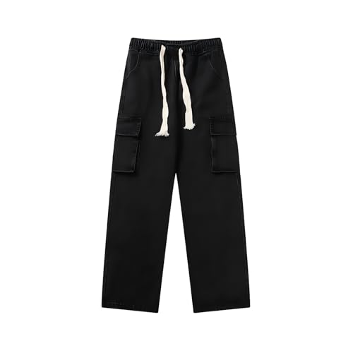 Mens Baggy Cargo Jeans Y2k Drawstring Elastic Waist Wide Leg Denim Pants for Men with Flap Pockets Streetwear3