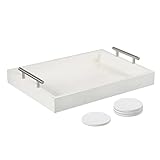 Juleduo Serving Tray 16.5“X 13“ Deluxe Wooden Ottoman Food Tray for Eating, Dinner Trays for Eating on Couch Tray,Coffee Table with Polished Silver Metal Handles-4 Round Coasters Included, White