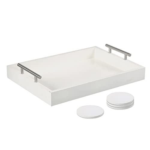 Juleduo Serving Tray 16.5“X 13“ Deluxe Wooden Ottoman Tray,Coffee Table with Polished Silver Metal Handles-4 Round Coasters Included, White