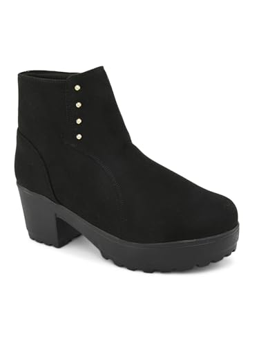 Image of XE Looks 100% Vegan Leather Women's Black Suede Ankle Boots for Women | Chunky Heel with Decorative Studs | Comfortable & Stylish Winter Boots For Girls & Women