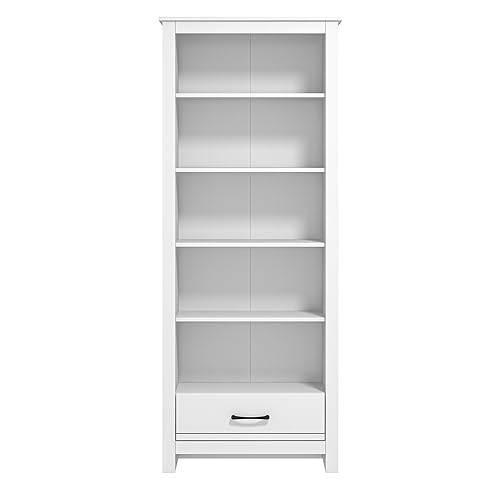 Galano Limestone Bookcase – 5 Tier Large Bookcase with 1 Drawer – Wooden Storage with Shelves – Display Storage Unit for Office, Living Room Furniture (White)