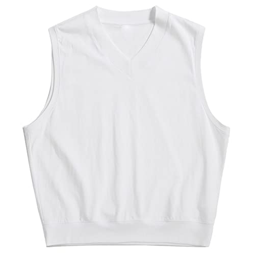Mens Sleeveless Knitwear V-Neck Sweater Vest Thin Cotton Knitted Vests Casual Loose Fit Simple Solid Color Pullover (White,X-Large)