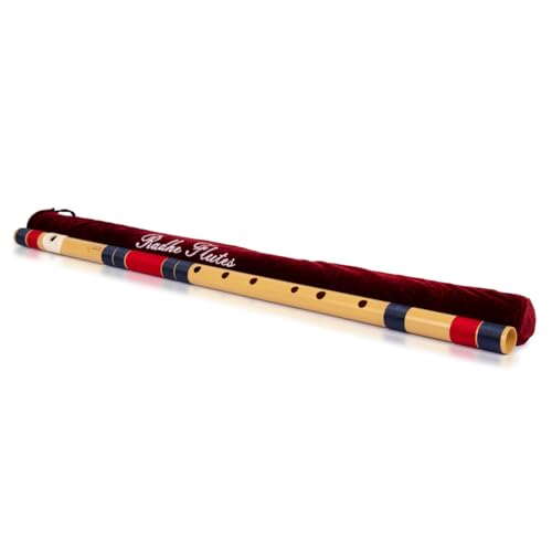 Image of Radhe Flutes | E Natural Right Handed Base Bansuri | Tuned With Tanpura A=440Hz | PVC Flute + Velvet Cover + Hindi & English Flute Lessons | PERENT (Beige Flute With Dark Blue & Red Threads)