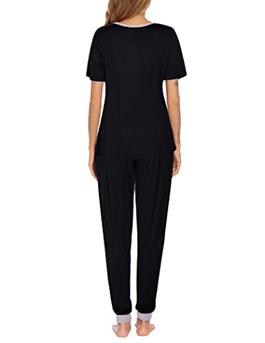 Ekouaer Women Pajamas Set Joggers Pants Sleepwear Short Sleeve Sleep Sets Soft Two Piece Pjs Tracksuit Black #TOP4