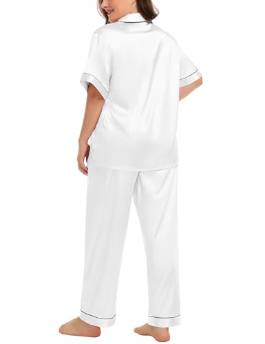 Image of SWOMOG Women's Plus Size Pajamas Silk Satin Pajama Set Short Sleeve Shirt with Full-Length Pants Pjs Sleepwear Set 18W-26W