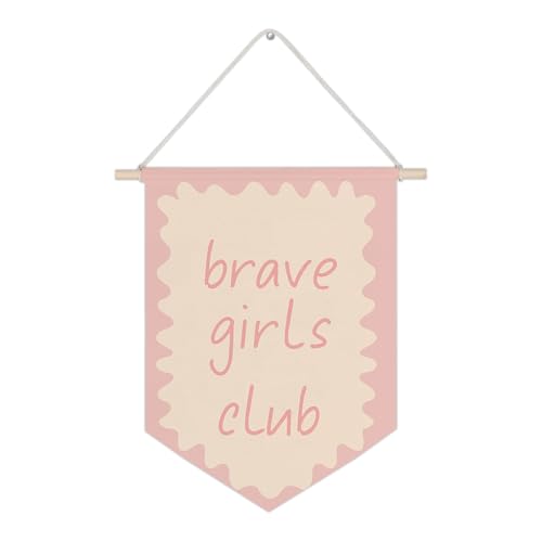 WUCHJ Girl Nursery Canvas Wall Banners, Brave Girls Club Pink Preppy Hanging Display Pennant Flags, Preppy Girly Wall Decor for Girls Nursery Toddler Room Bedroom Dorm Playroom 11x14 Inch