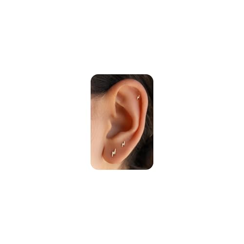 PRTGL Boucles d'oreilles à dos plat - plaqué or 14k en Petites puces délicates en forme d'éclair Bijoux Pour Femmes pour Plusieurs Piercings Oreille...