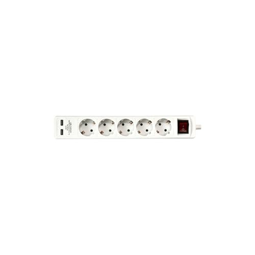 Base de Enchufe con 5 Tomas y 2 Puertos USB, Cable de 1.4 MTS, Ideal para Cargar Dispositivos y conectar múltiples aparatos.
