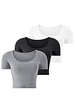 Crop Tops for Women 3 Pack Cute Sexy Petite Crop Top Short Sleeve Cropped Tshirt for Teen Girls (Black+White+Heather Grey, X-Small)