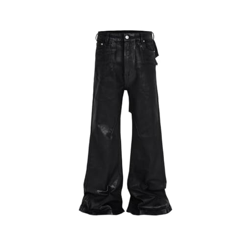 Wearing Women's Black Glue Coated Micro Flared Wax Pants, Unisex High Street Jeans