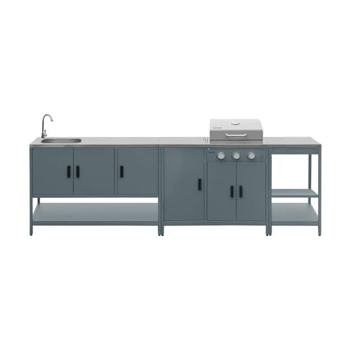 sweeek - Cuisine extérieure Naxos 3 modules Acier Inoxydable Bleu Gris avec Barbecue gaz 3 brûleurs