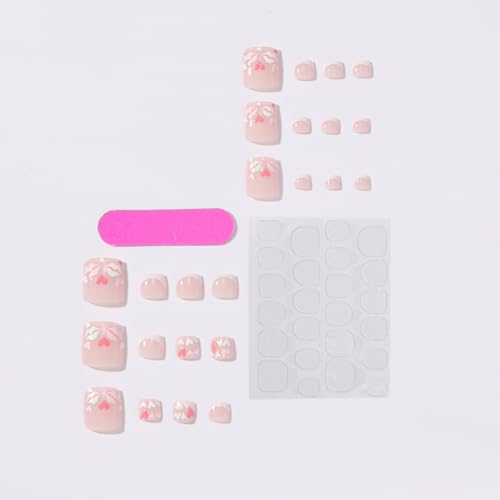 Image of White French Tip Press on Toenails Heart Fake Toenails with Design Lip Print Glue on Toe Nail Short Square ToeNail Glossy Full Cover Valentines Stick on Toes for Women Manicure 24Pcs