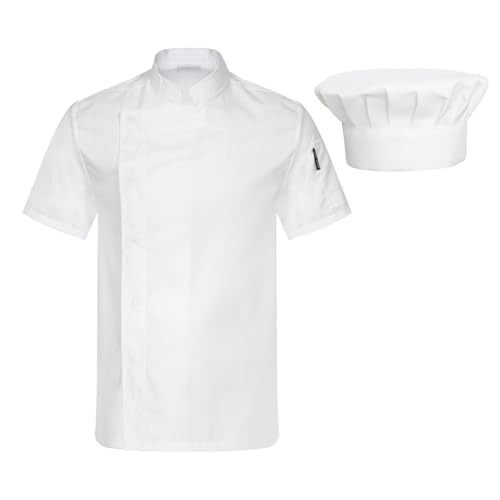 Runhomal - Chaqueta de chef para hombre y mujer, con sombrero de cocina, uniforme de trabajo, cocina de manga corta, blanco, M