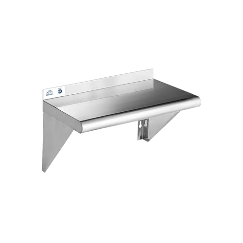 Image of ROCKPOINT Stainless Steel Shelf 10 x 24 Inches 210lb, NSF Metal Commercial Shelves Wall Mount Floating Shelving with Backsplash for Restaurant, Kitchen, Home and Hotel, Silver