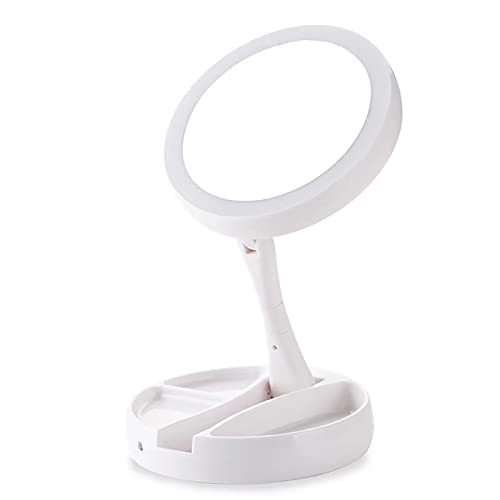 LED Makeup Mirror With 1/10X Magnification - Double Sided, Adjustable, Foldable Vanity Mirror for Travel - Battery and USB Powered