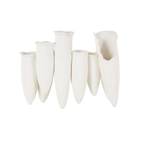 Image of Deco 79 Ceramic Abstract Floral Inspired Vase with Linear Grooves and 10 Openings, 14 inch x 5 inch x 11 inch, White