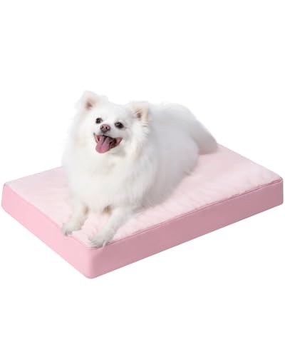 Image of KSIIA Orthopedic Dog Bed for Small Dogs with Waterproof Lining, Pink, 23x17 | Deluxe Soft Plush Dog Crate Bed, Washable Pet Mat with Removable Cover & Egg Crate Foam for Small Dogs Sleeping & Relaxing