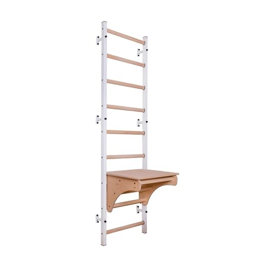 BenchK 712W Wallbar, Stall Bar, Power Tower, Gymnastic Ladder with Beech Wooden Pull Up Bar, Chin Up Bar and Adjustable BenchTop Used as a Desk. for Hanging Exercises, Home, Office