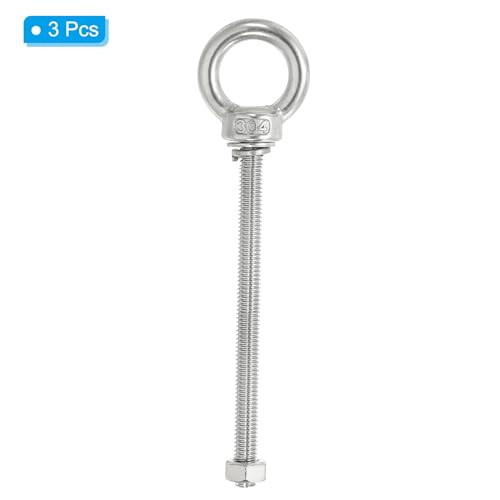 Image of PATIKIL M6 x 120mm Lifting Shoulder Eye Bolt, 3Pcs 304 Stainless Steel Lifting Ring Threaded Eyebolt with Nuts Washers for Hanging Hammocks Articles