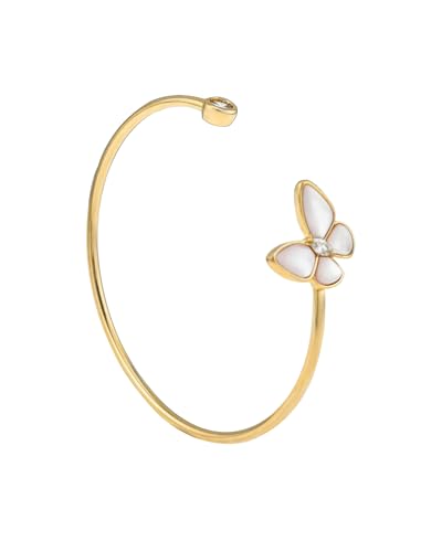 Dainty 18K Gold Mother of Pearl Butterfly Charm Cuff Bracelet with Cubic Zirconia Accents - Elegant Gift for Women2