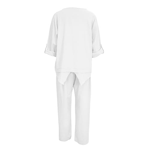Linen Pant Suits for Women Plus Size 2 Piece Set Outfit Casual Crew Neck Long Sleeve Top Wide Leg Pants Set4