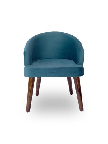 Image of CRAFT D ARTS Wooden Upholstered Dining Chair | Single Accent Chair for Living /Drawing Room, Bedroom & Office | Upholstery Barrel Arm Chairs with Velvet Fabric | Sheesham Wood Legs, Blue