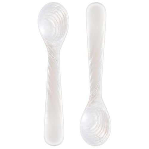 Image of Patelai 2 Pieces Mother of Pearl Caviar Spoons Round Handle, 10cm /3.93 Inch | Handcraft Pearl Spoon for Egg, Ice Cream, Coffee, Elegant Serving in Kitchen and Restaurant, Natural Shell Luster