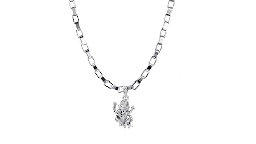 Image of Akshat Sapphire Sterling Silver (92.5% purity) God Ganesha Chain Pendant for Men & Women Pure Silver Lord Ganapathy Chain Locket