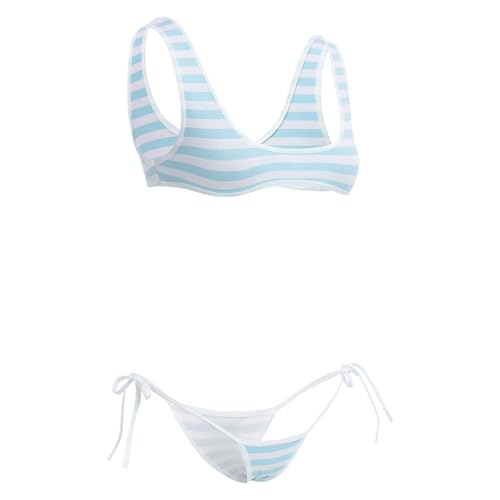 ABAFIP Women Cute Kawaii Anime Lingerie set Halter Strap Micro Bra Tiny Panty Garter Belt Striped Stockings 4Pcs Underwear