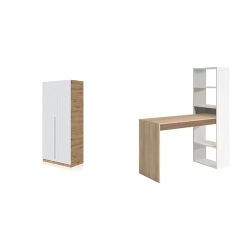 Habitdesign Armario Juvenil, Infantil, Armario Individual, Modelo Noa & Escritorio con Estanteria Reversible, Mesa de Ordenador, Blanco Artik y Roble Canadian