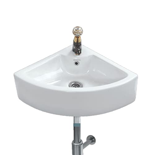 Image of Corner Wash Basin Counter Top cum Wall Hung Mounted Glossy Finish White Sink for Bathroom 16 x 16 x 6 Inch
