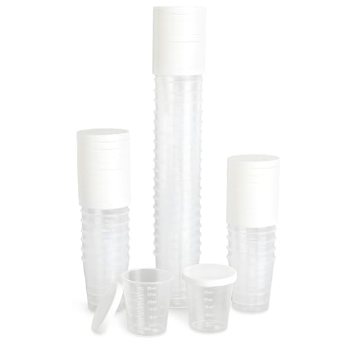 UOCAI 50PCS Mini-Becher mit Deckel, 30ml Mit Mengenskala, Mini Becher Mit Deckel, Messbecher Klein 30ml Kunststoff, Dosierbecher Präzise Skala Dosierung für Labor Haushalt, Medizinischer Mischbecher