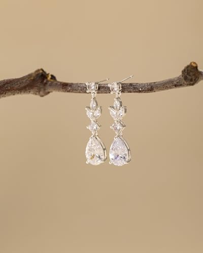 HANLI Dangle Earrings for Women – Silver Drop Earrings Sparkly Silver Dangle Earrings Elegant Dangling Earrings for Wedding Bridal Prom Jewelry - 3