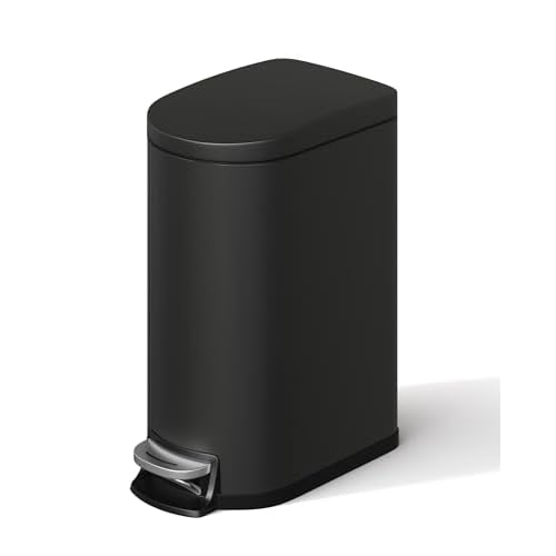 GarveeHome 2.6 Gallon Bathroom Trash Can, Space-Saving Slim Stainless Steel Step-On Garbage Bin with Soft Close Lid, Removable Inner Bucket for Bathro