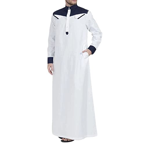 Men's Muslim Thobe Arab Robes Muslim Robe Button Down Kaftan Thobe with Pocket Mens Long Sleeve Robe Dubai Long Gown