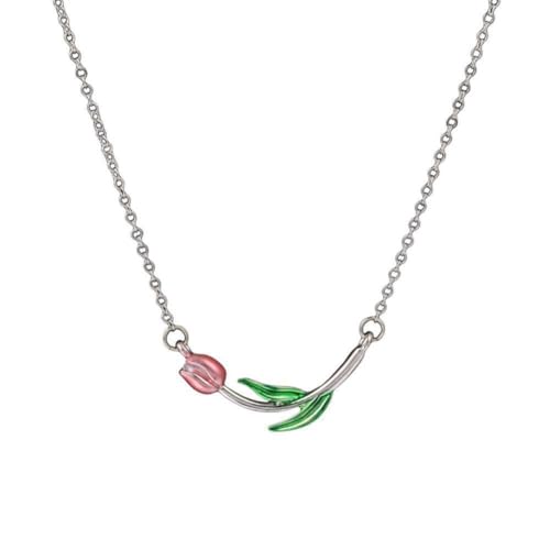 Image of El Regalo 1PC Tulip Flower Bud Pearl Pendant Necklace for Girls & Women- Pink Oil Dripping Enamel Tulip Flower Necklace (Tulip Flower)