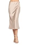 Women Solid High Waist Silky Casual Elastic Satin Midi Skirt - Made in USA(Small,Beige)