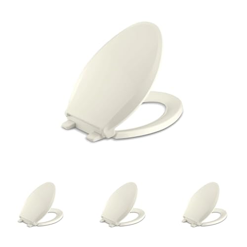 Image of KOHLER K-4636-96 Cachet Quiet Close Elongated Toilet Seat, Slow Close Lid and Seat, Grip-Tight Bumpers and Installation Hardware, Biscuit (Pack of 4)
