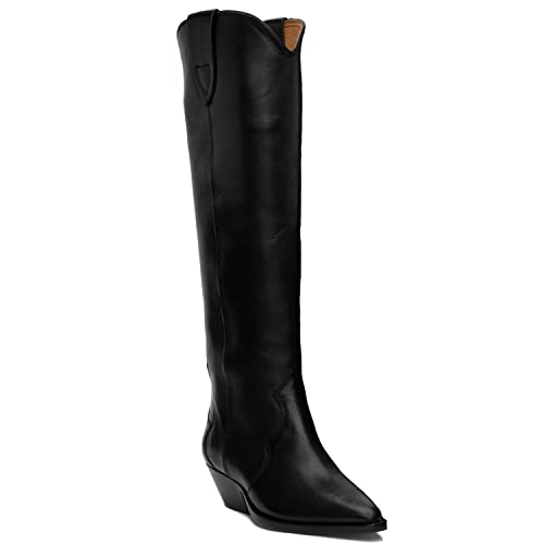 MOOMMO Women Suede Cowboy Knee High Boots Slouch Low Thick Heel Pointed Toe Long Western Boots Wide Calf Pull On Tall Riding Boots Cowgirl Pleated Chunky Heel Dress Boots Casual 4-11 M US 5