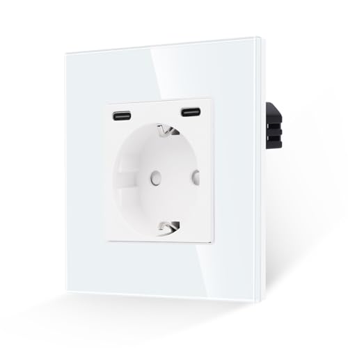 JIMEIDA Socket with USB C 20 W Fast Charging White, Glass Schuko Sockets Two Type-C Port, Flush-Mounted 86 x 86 mm, 16 Amp 250 V