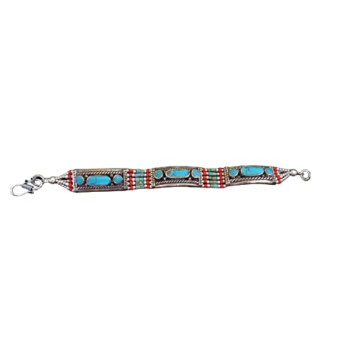 TDbN Inlaid Turquoise & Coral Stones in German Silver 5 Strand Bracelet