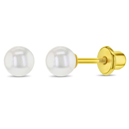 Gold Plated Classic White Simulated Pearl Safety Screw Back Earrings for Girls - Traditional White Simulated Pearl Earrings for Infants, Toddlers, and Little Girls