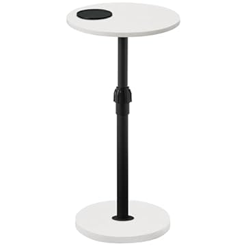 MAHANCRIS Tavolino da Divano Rotondo, Tavolino per Bevande Regolabile in Altezza 48,5-66 cm, con LED e Sottobicchieri, per Piccoli Spazi, Soggiorno, Camera da Letto, Balcone, Bianco e Nero AETHW32E01