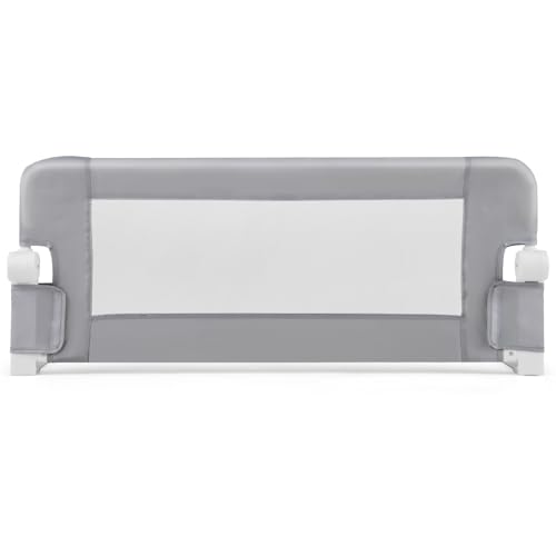 GOPLUS Barandilla Plegable para Cama de Niños Pequeños, Barandilla de Cama para Bebé Abatible con Tela Oxford de Malla, Anclaje, Protector de Seguridad para Cama de Tamaño Gemelo, Queen (Gris Claro)