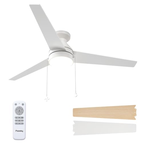 Image of Passky 52 Inch White Low Profile Ceiling Fan with Light, Pull Chain&Remote | Flush mount, pull chain, remote, 3-color dimmable light, quiet reversible DC motor, easy install, memory, timer, bedrooms