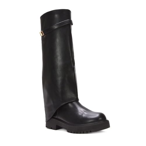 ESSEX GLAM Women's Fold Over Knee High Boots Ladies Black Synthetic Leather Riding Biker Chunky Sole Size 6