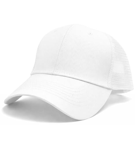MDSTYLE Adjustable Baseball Cap & Trucker Cap for Men & Women – Cotton or Mesh-Back Snapback Options, Classic Fit, Breathable, White - Mesh Back, One Size